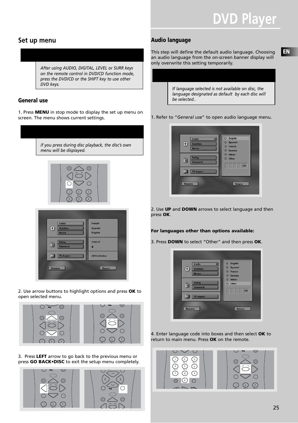 Dvd player, Set up menu, General use | Audio language | RCA RTDVD1 User Manual | Page 29 / 51