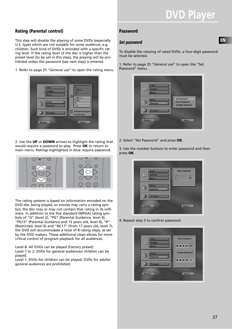 Dvd player, Rating (parental control), Password set password | RCA RTDVD1 User Manual | Page 31 / 51