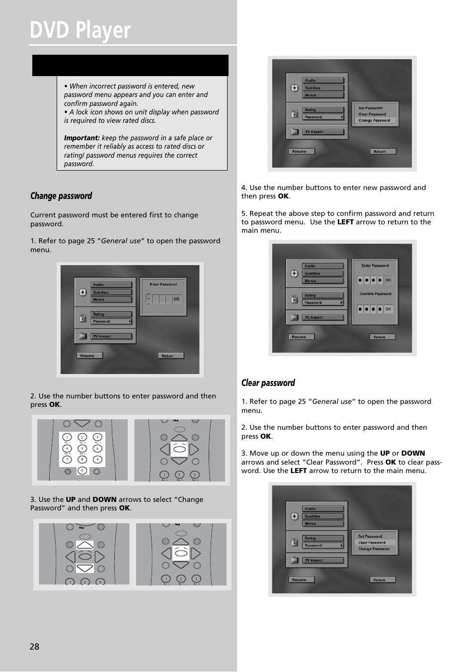 Dvd player, Change password, Clear password | RCA RTDVD1 User Manual | Page 32 / 51