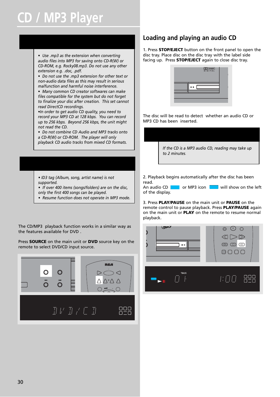 Cd / mp3 player, Mp3 recommendations, Loading and playing an audio cd | RCA RTDVD1 User Manual | Page 34 / 51