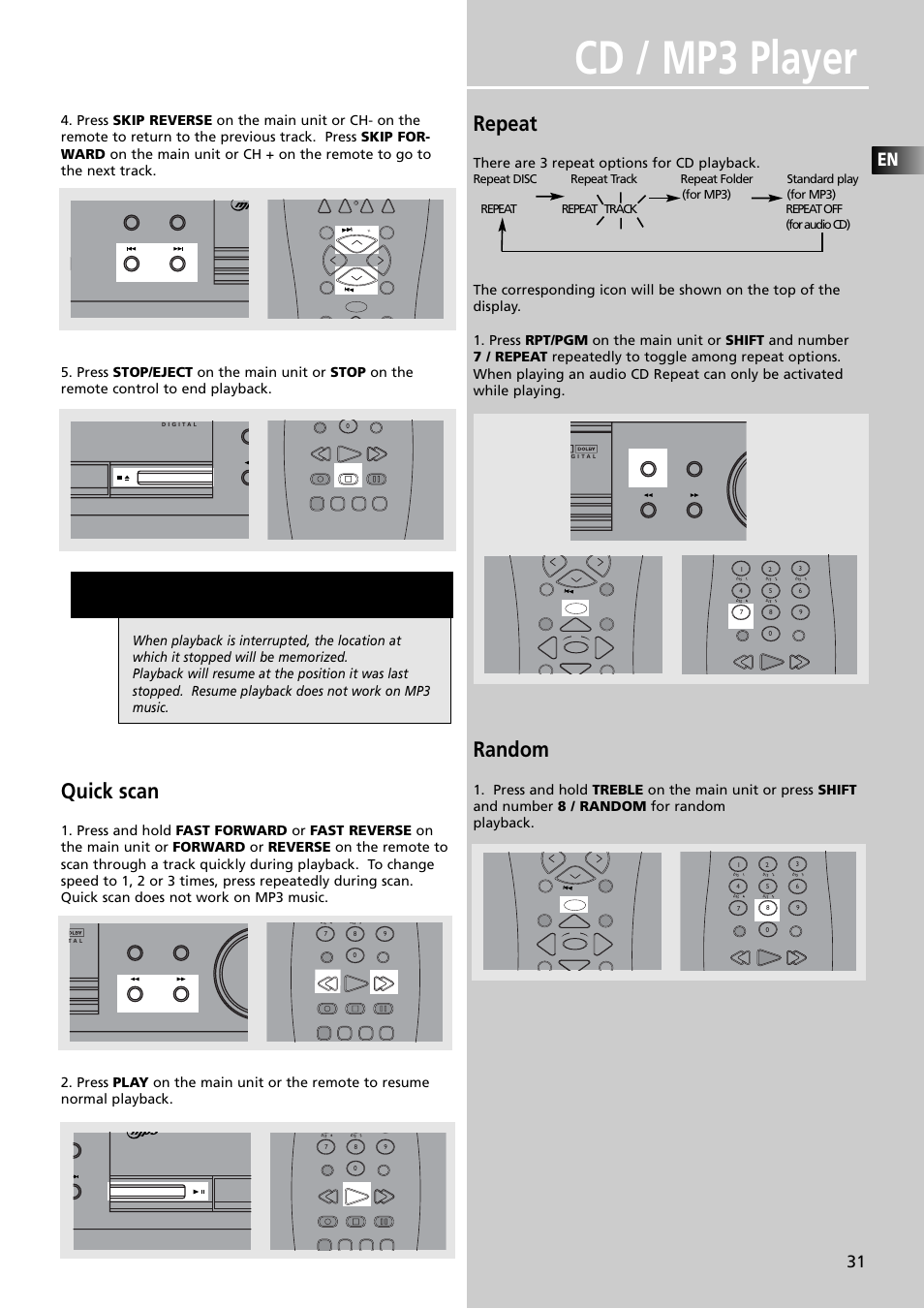 Cd / mp3 player, Quick scan, Repeat | Random, There are 3 repeat options for cd playback | RCA RTDVD1 User Manual | Page 35 / 51