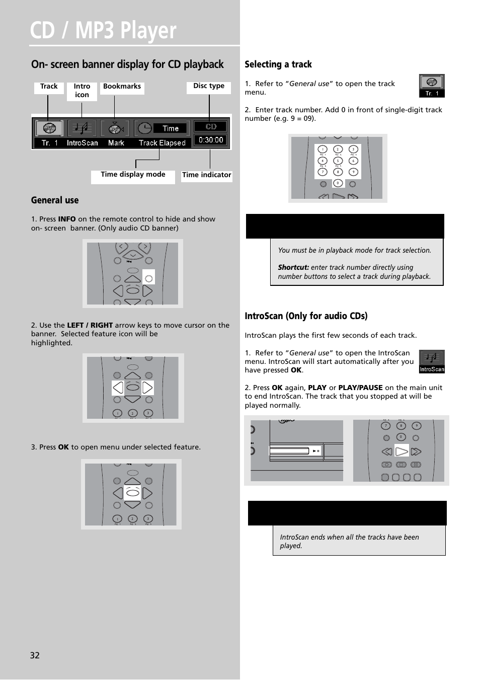 Cd / mp3 player, On- screen banner display for cd playback, General use | Selecting a track, Introscan (only for audio cds) | RCA RTDVD1 User Manual | Page 36 / 51