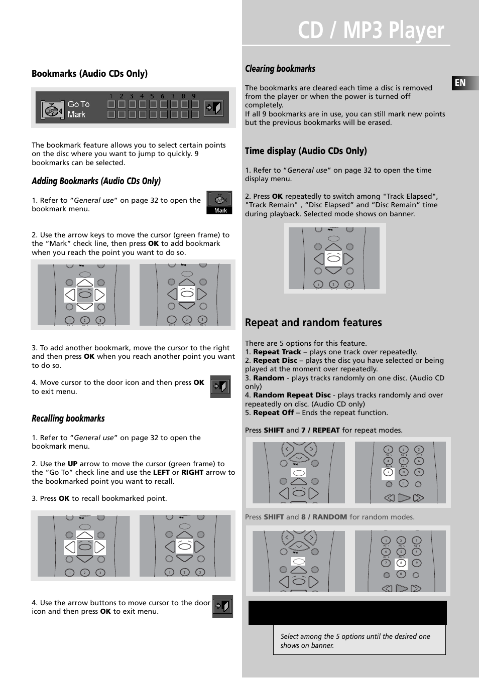 Cd / mp3 player, Repeat and random features, En bookmarks (audio cds only) | Adding bookmarks (audio cds only), Recalling bookmarks, Clearing bookmarks, Time display (audio cds only) | RCA RTDVD1 User Manual | Page 37 / 51