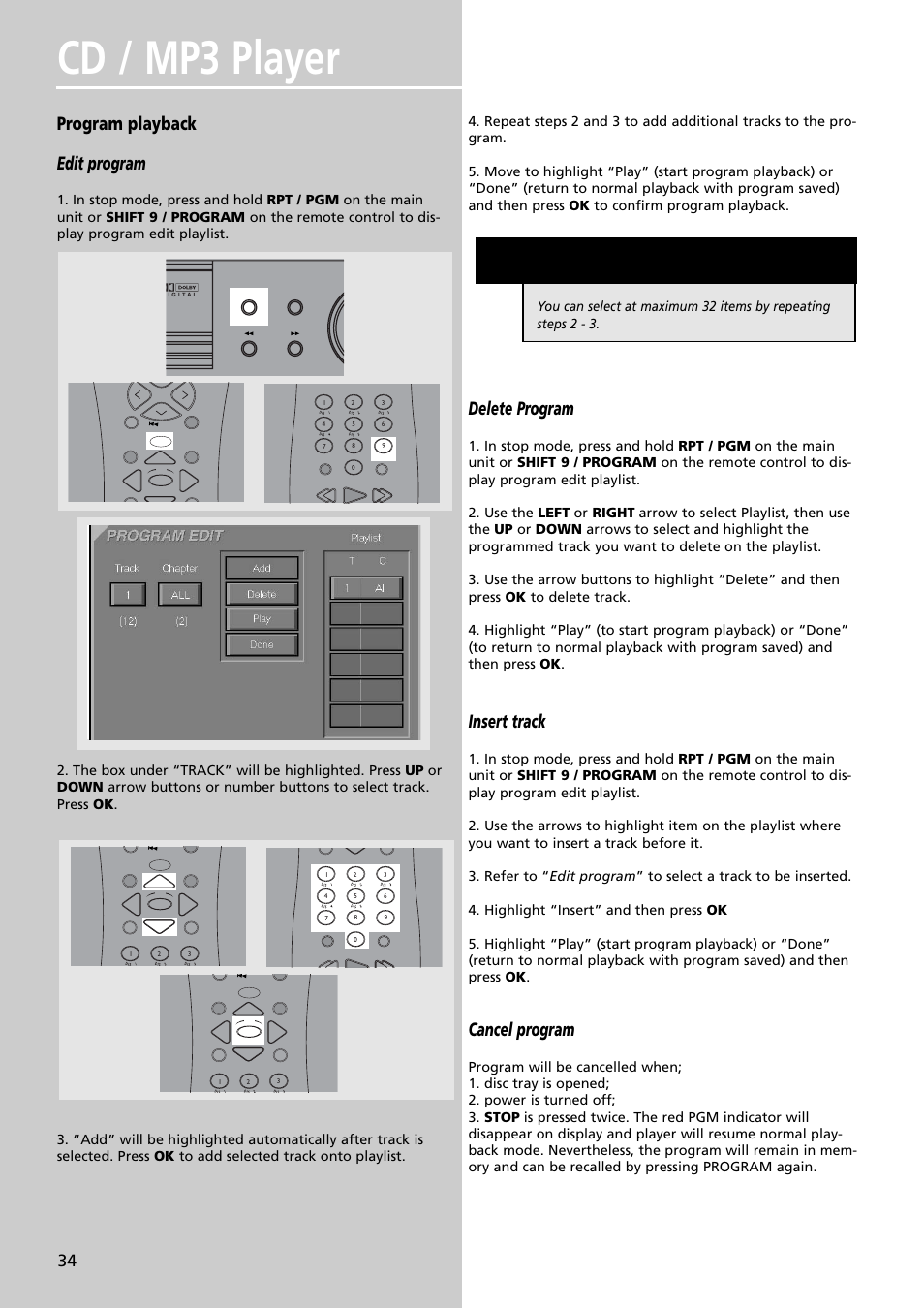 Cd / mp3 player, Program playback edit program, Delete program | Insert track, Cancel program | RCA RTDVD1 User Manual | Page 38 / 51