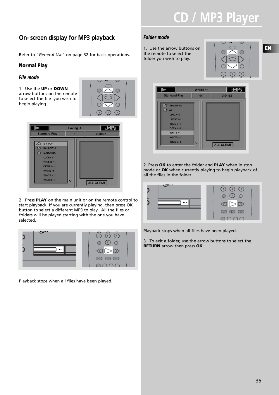Cd / mp3 player, On- screen display for mp3 playback, Normal play file mode | Folder mode | RCA RTDVD1 User Manual | Page 39 / 51