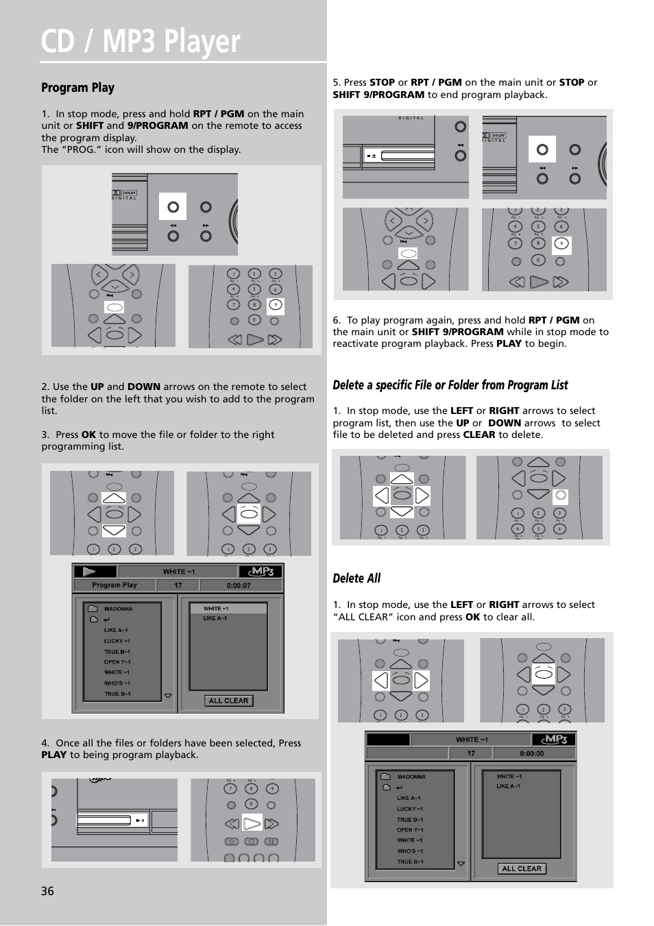 Cd / mp3 player, Program play, Delete a specific file or folder from program list | Delete all | RCA RTDVD1 User Manual | Page 40 / 51
