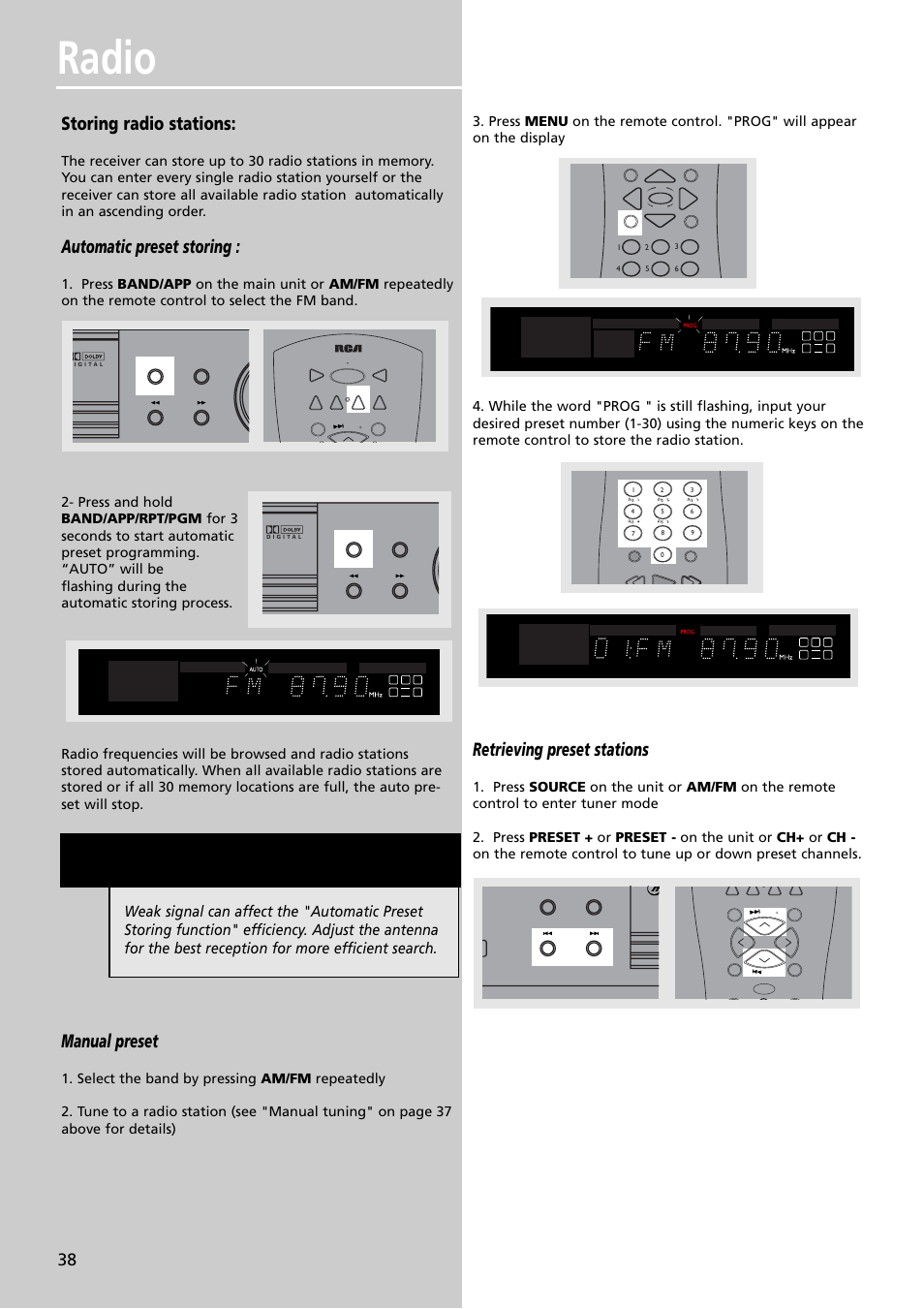 Radio, Storing radio stations, Automatic preset storing | Manual preset, Retrieving preset stations | RCA RTDVD1 User Manual | Page 42 / 51