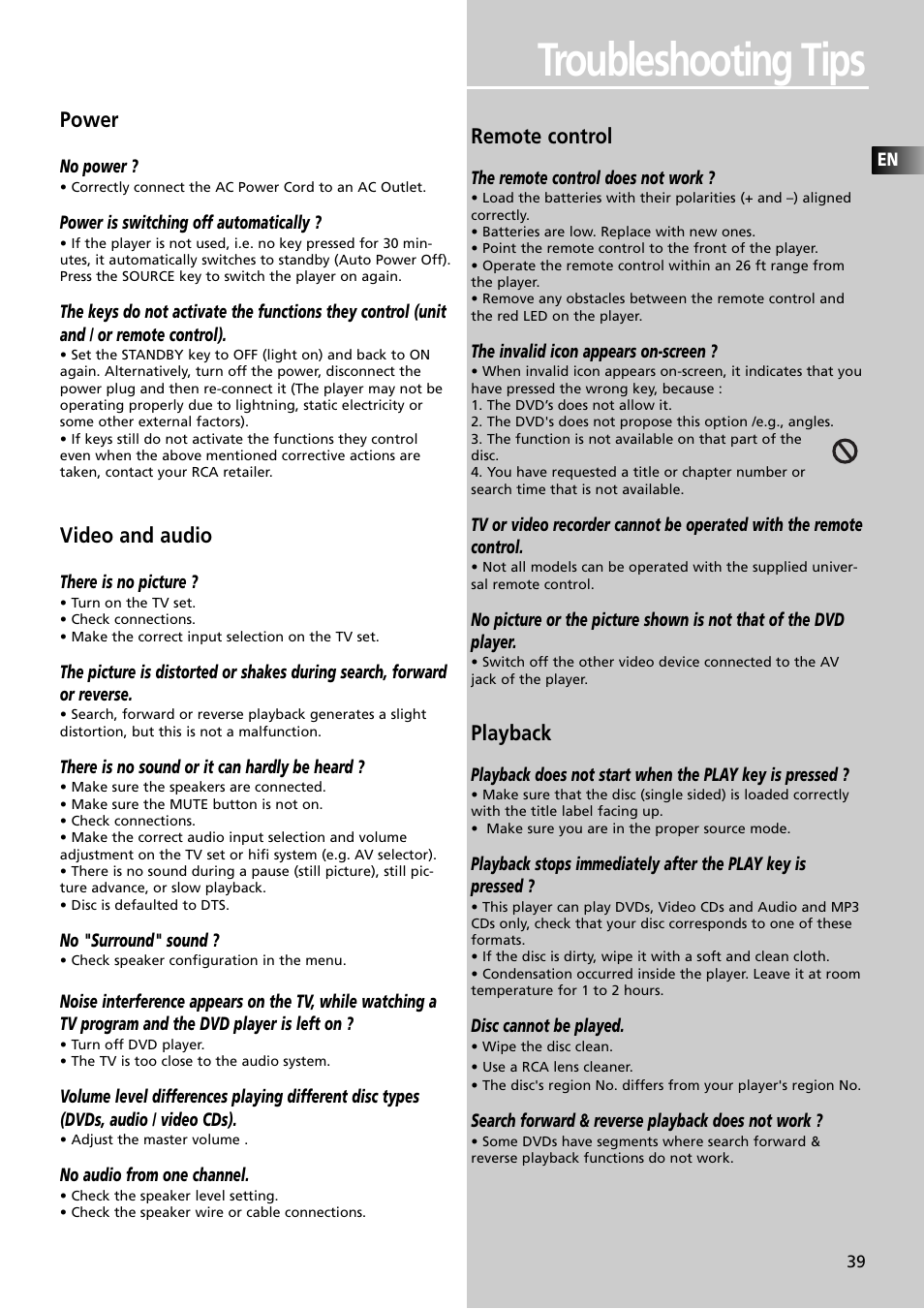 Troubleshooting tips, Power, Video and audio | Remote control, Playback | RCA RTDVD1 User Manual | Page 43 / 51