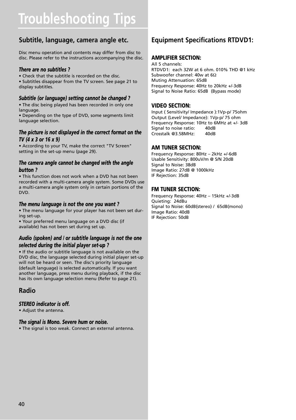 Troubleshooting tips, Subtitle, language, camera angle etc, Radio | Equipment specifications rtdvd1 | RCA RTDVD1 User Manual | Page 44 / 51