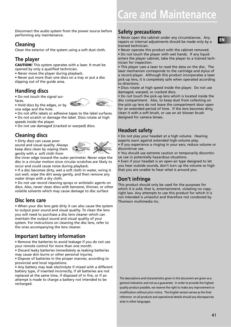 Care and maintenance, Cleaning, The player | Handling discs, Cleaning discs, Disc lens care, Important battery information, Safety precautions, Headset safety, Don’t infringe | RCA RTDVD1 User Manual | Page 45 / 51