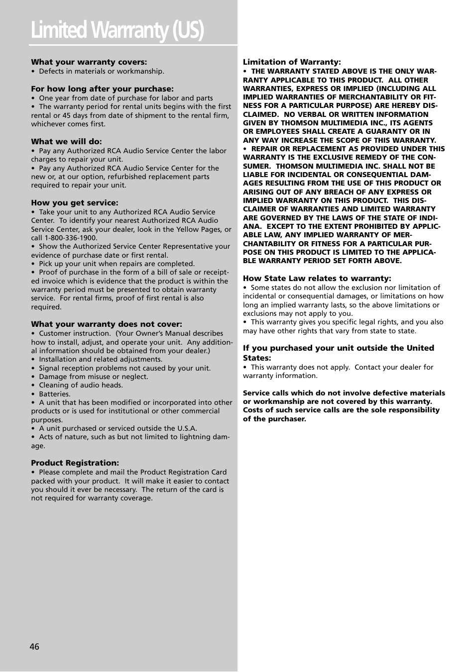 Limited warrranty (us) | RCA RTDVD1 User Manual | Page 50 / 51