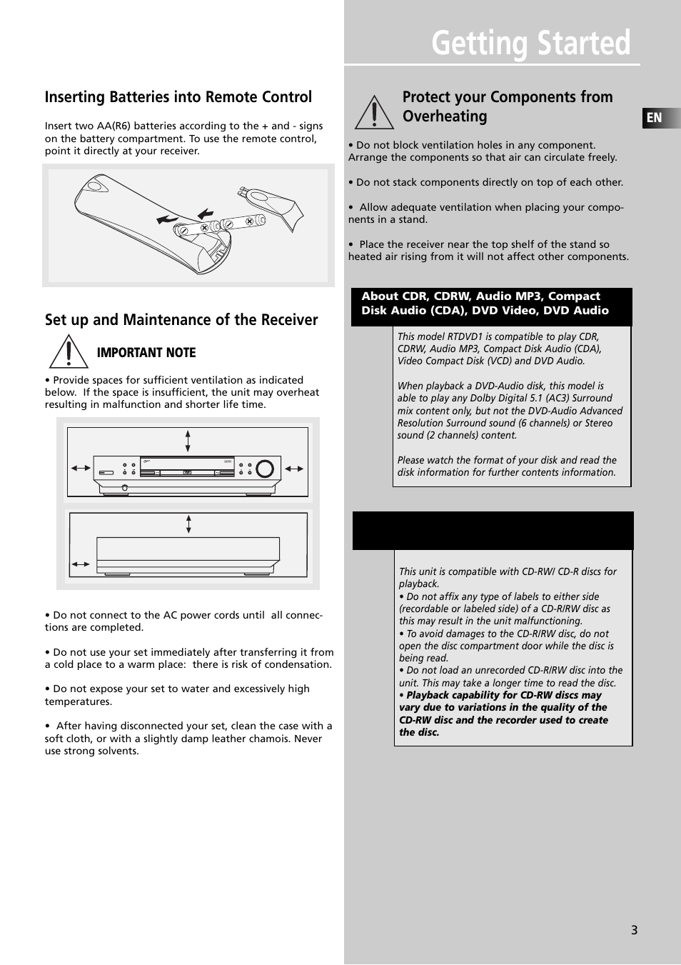 Getting started, Inserting batteries into remote control, Set up and maintenance of the receiver | Protect your components from overheating | RCA RTDVD1 User Manual | Page 7 / 51