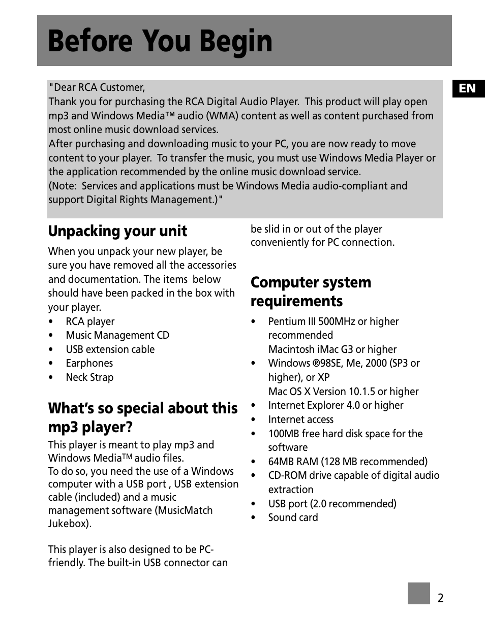 Before you begin, Unpacking your unit, What’s so special about this mp3 player | Computer system requirements | RCA M1001GBUS User Manual | Page 11 / 47