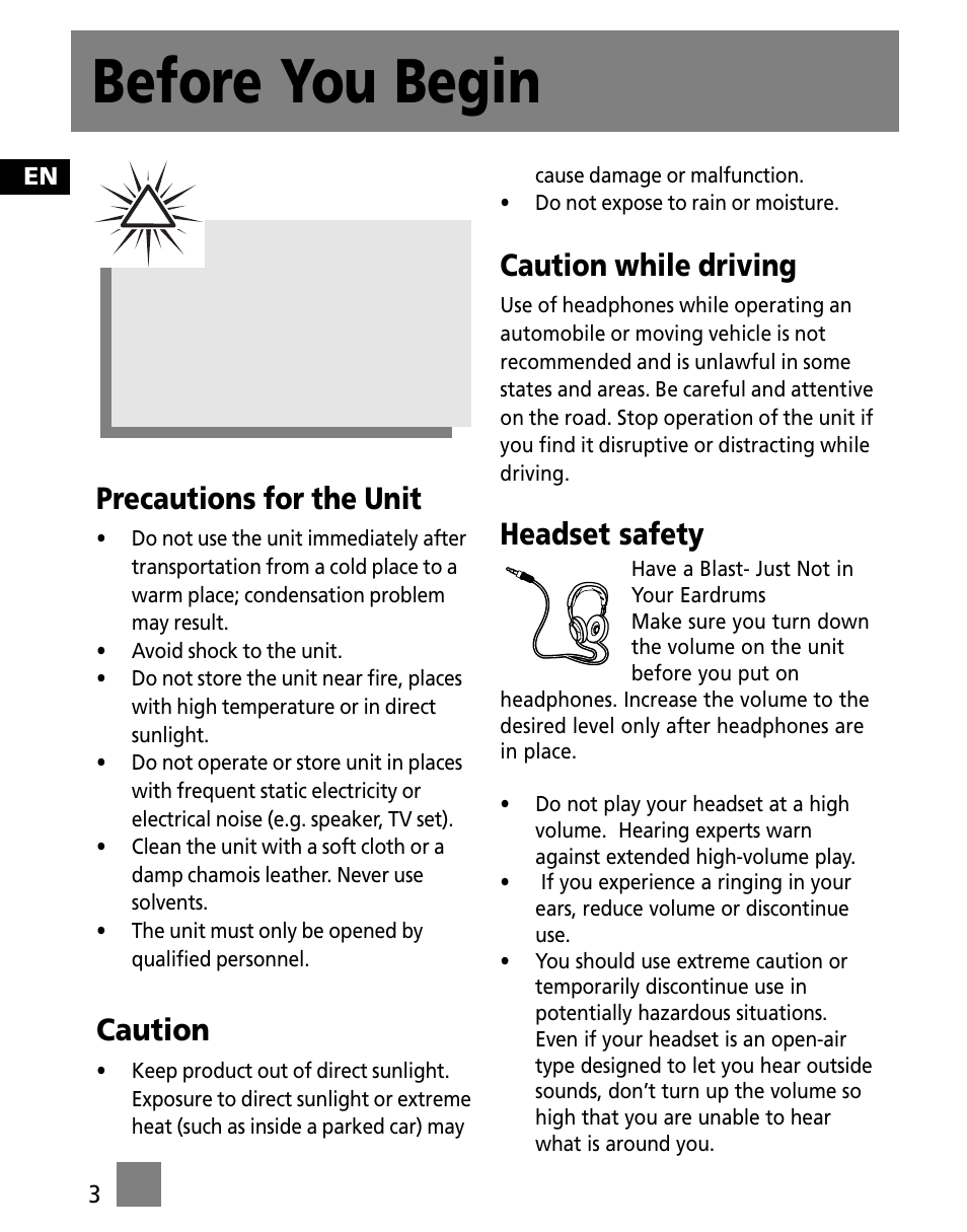 Precautions for the unit, Caution, Caution while driving | Headset safety, Before you begin | RCA M1001GBUS User Manual | Page 12 / 47