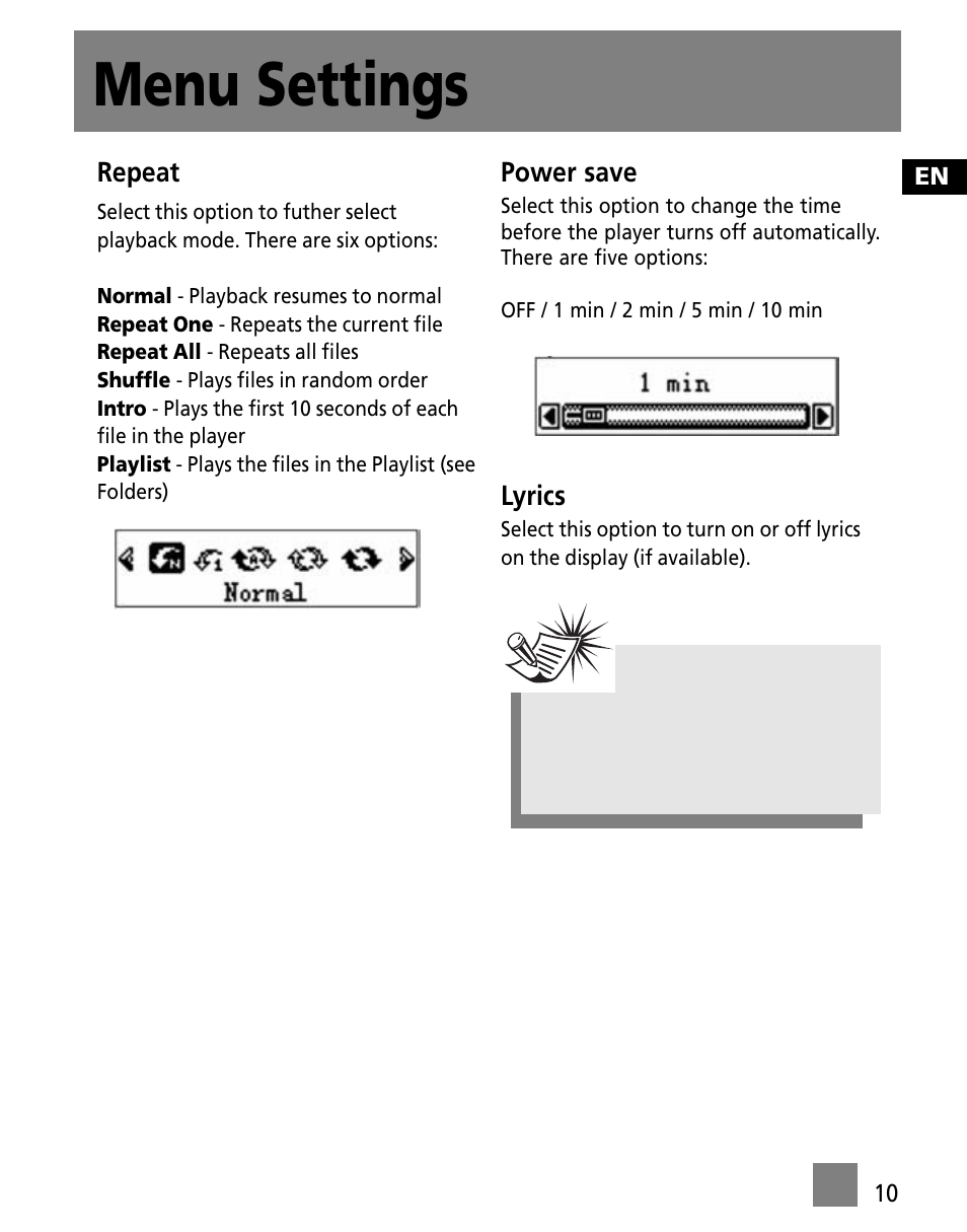 Menu settings | RCA M1001GBUS User Manual | Page 19 / 47