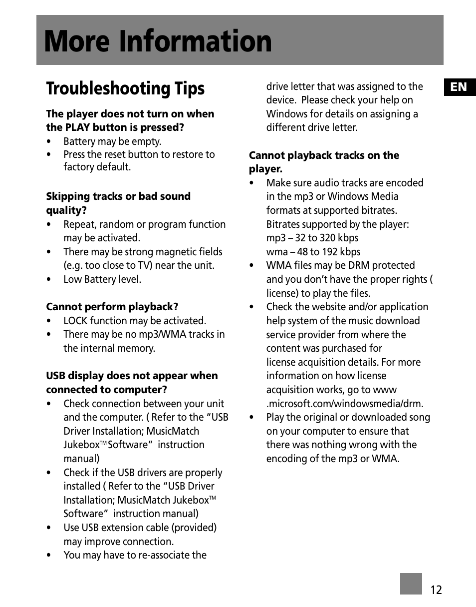 More information, Troubleshooting tips | RCA M1001GBUS User Manual | Page 21 / 47