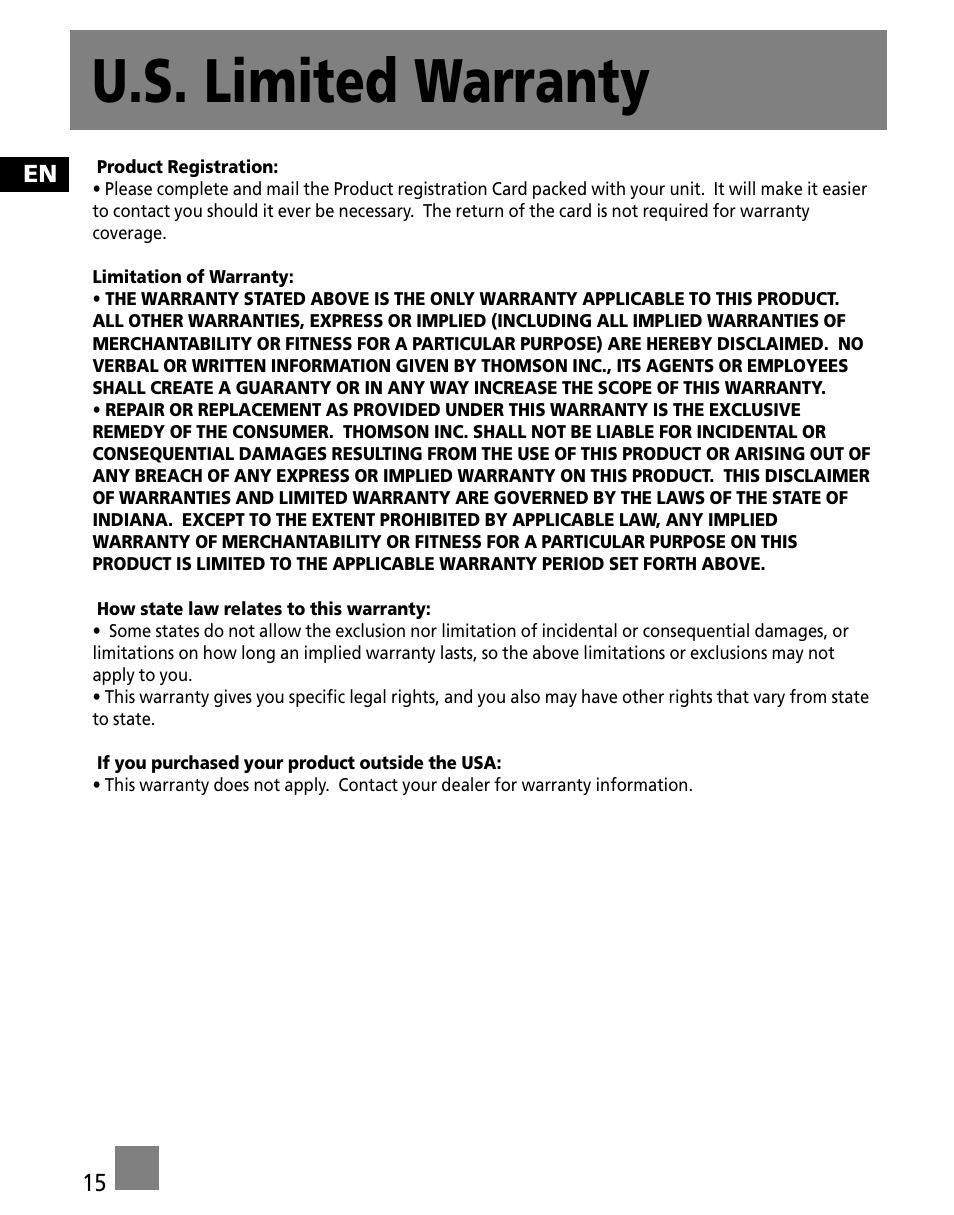 U.s. limited warranty | RCA M1001GBUS User Manual | Page 24 / 47