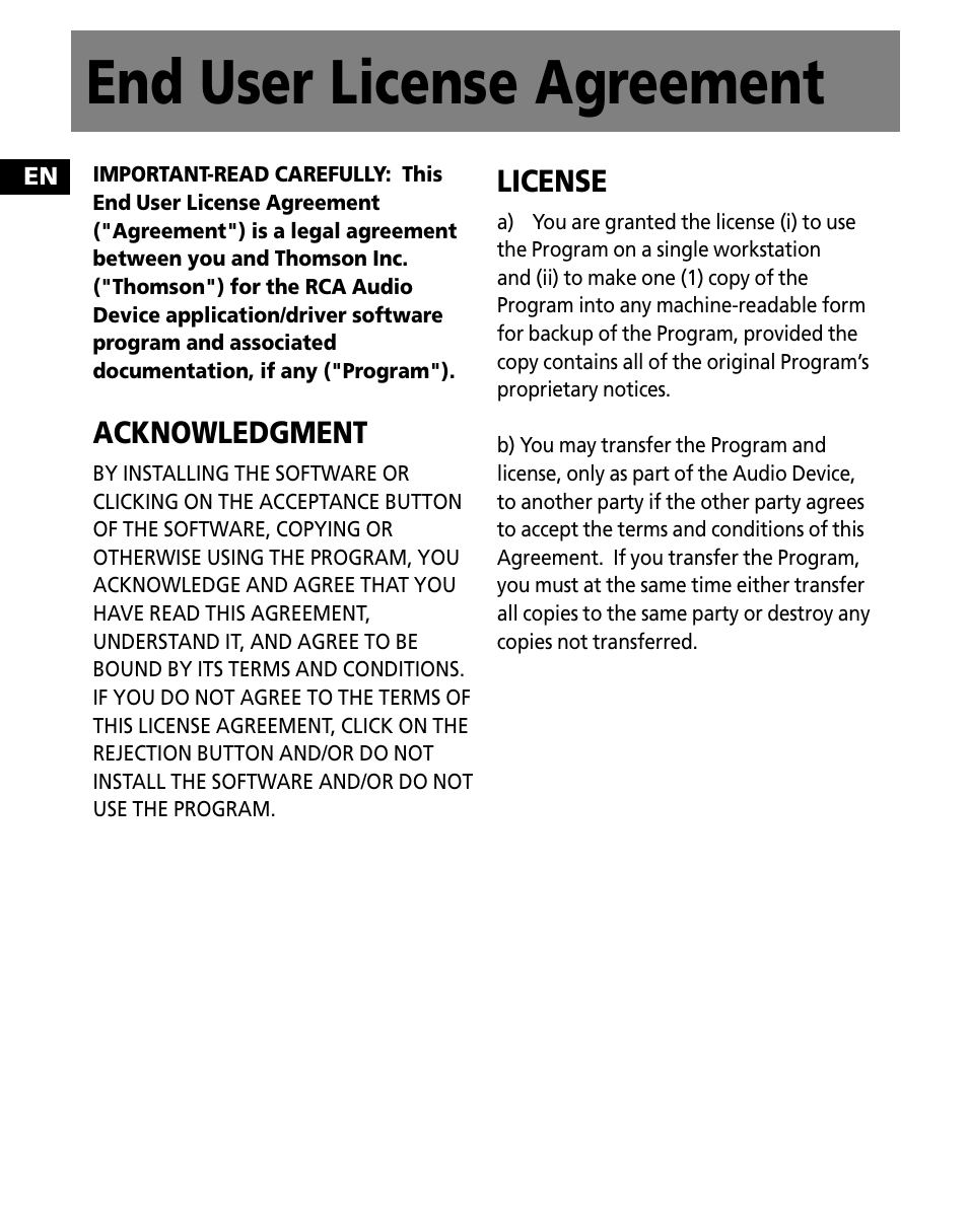 End user license agreement | RCA M1001GBUS User Manual | Page 28 / 47
