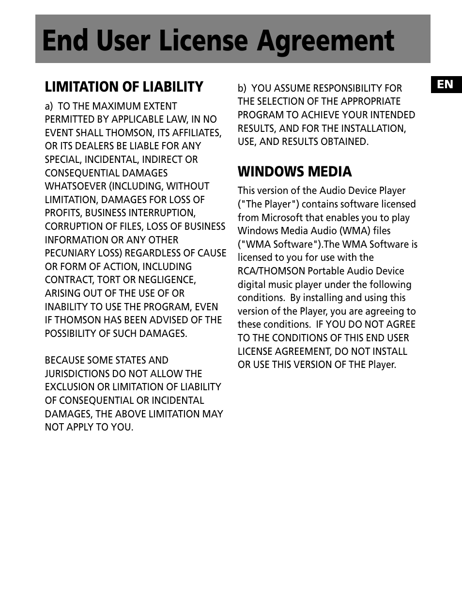 End user license agreement | RCA M1001GBUS User Manual | Page 31 / 47