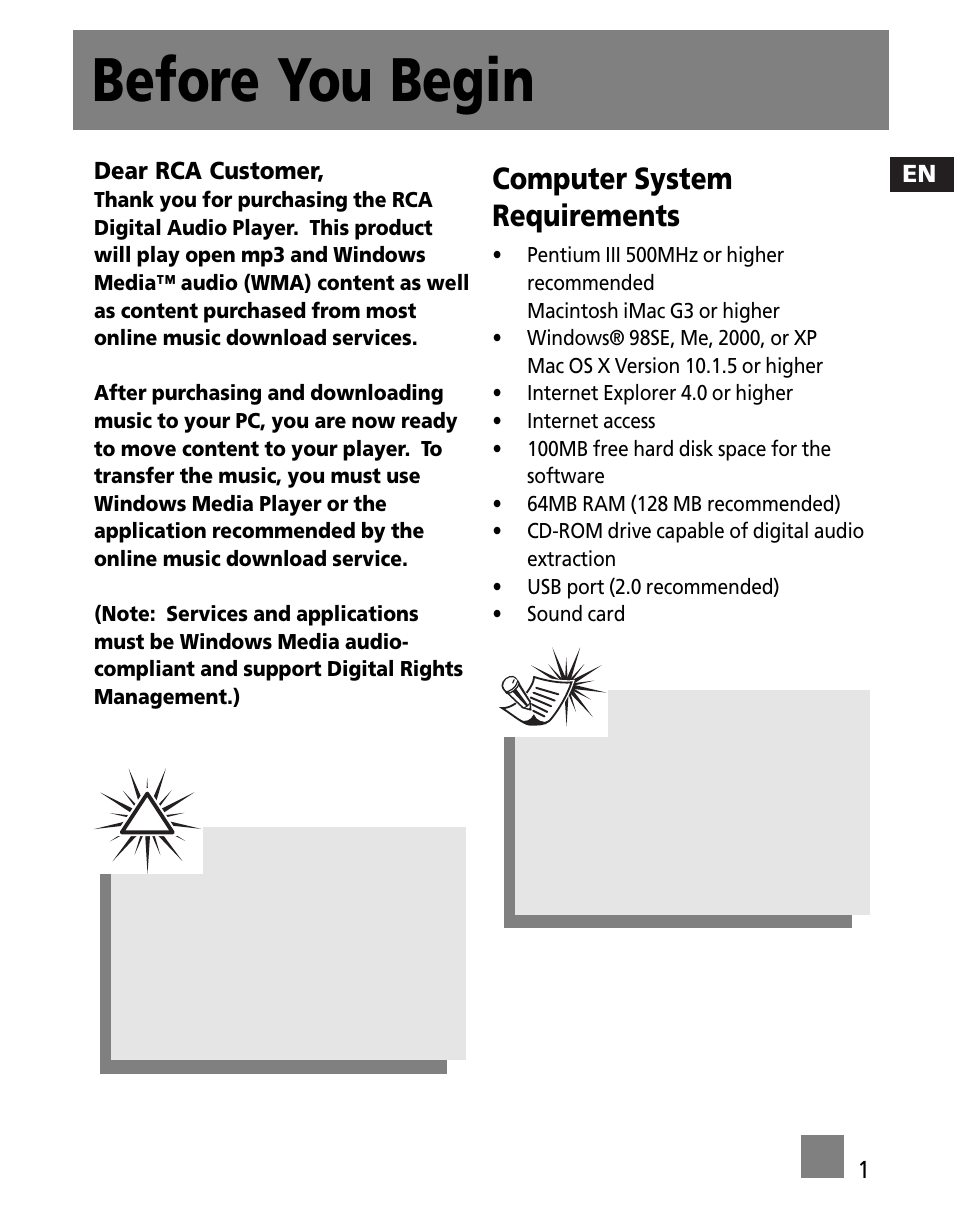 Before you begin, Computer system requirements | RCA M1001GBUS User Manual | Page 35 / 47