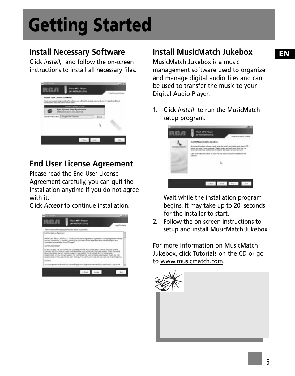 Getting started, Install necessary software, End user license agreement | Install musicmatch jukebox | RCA M1001GBUS User Manual | Page 39 / 47