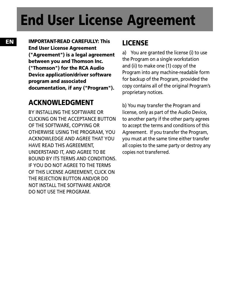 End user license agreement | RCA M1001GBUS User Manual | Page 4 / 47