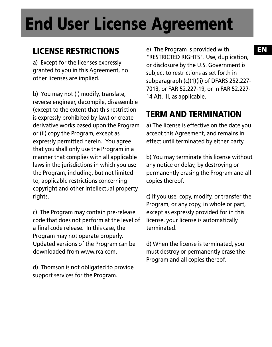 End user license agreement, License restrictions, Term and termination | RCA M1001GBUS User Manual | Page 5 / 47