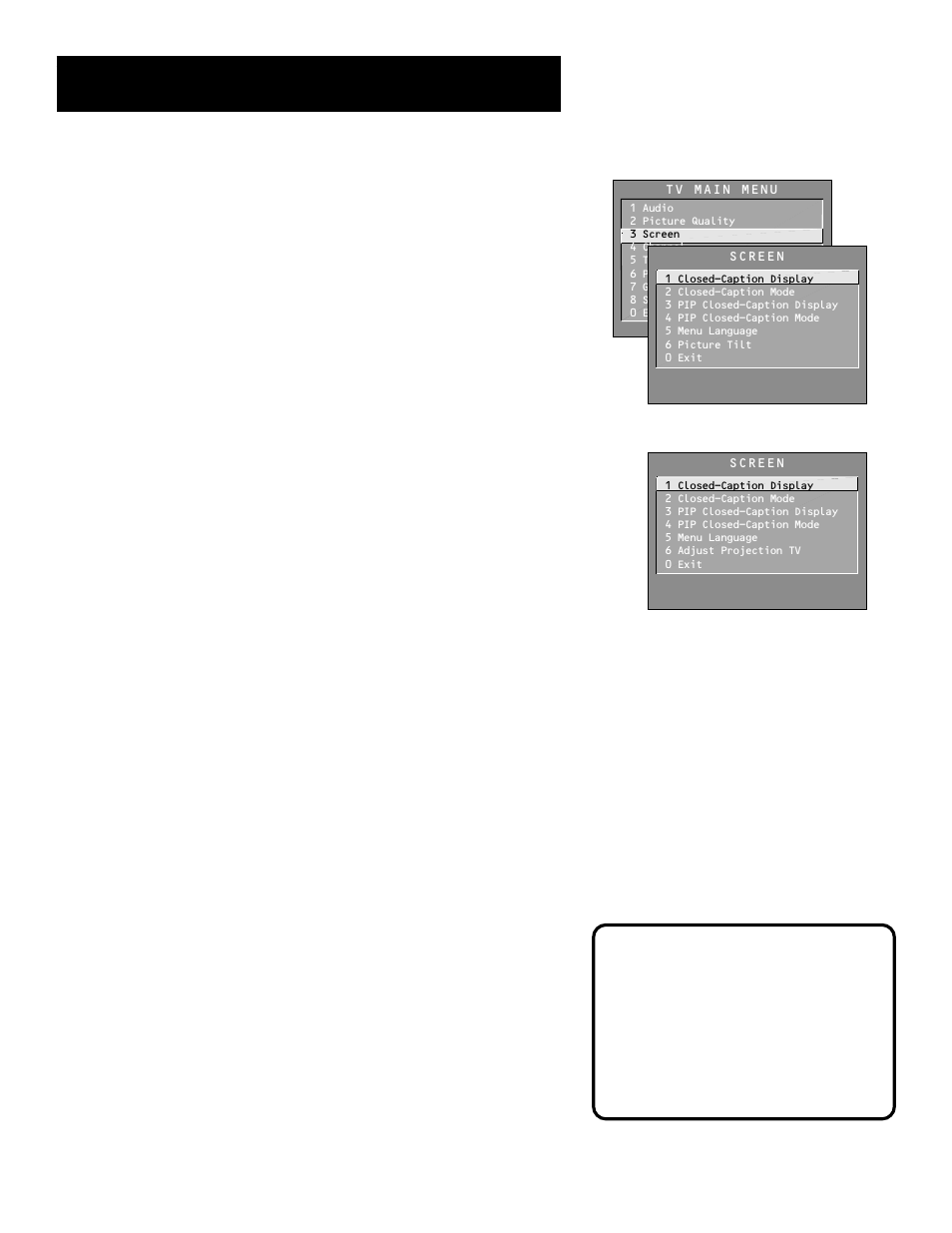 Using the menu system, Screen menu | RCA Pius+ Gold System User Manual | Page 35 / 64