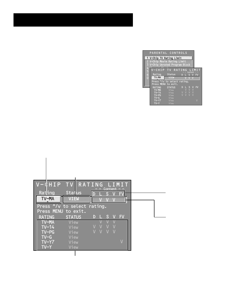 Features and controls, Rating status tv-ma view, Tv-14 | Tv-pg, Tv-g, Tv-y7, Tv-y, View, V-chip tv rating limit, The ratings limits screen | RCA Pius+ Gold System User Manual | Page 50 / 64