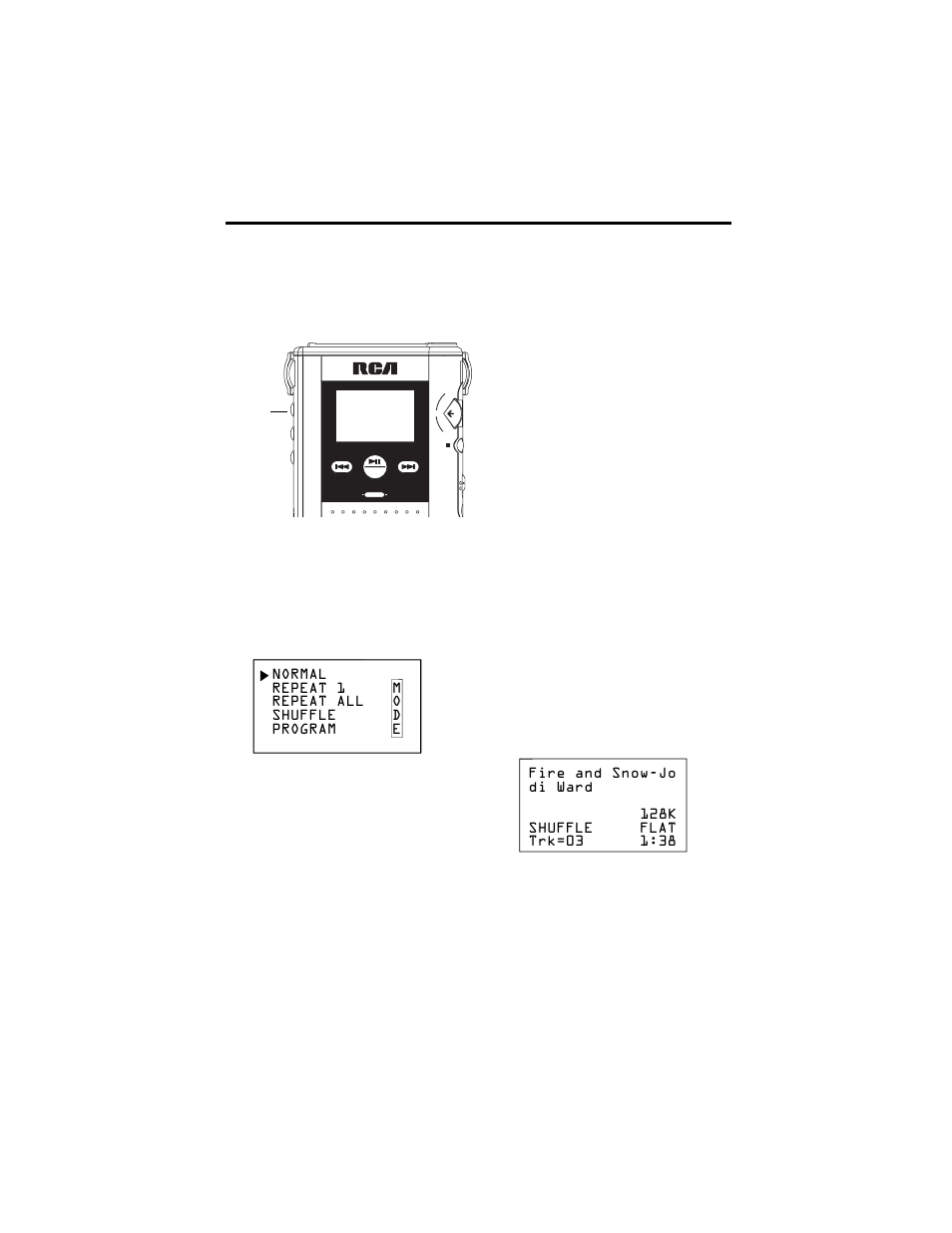 Player features, Mode, Menu | Repeat and shuffle features | RCA RD2211 User Manual | Page 47 / 64