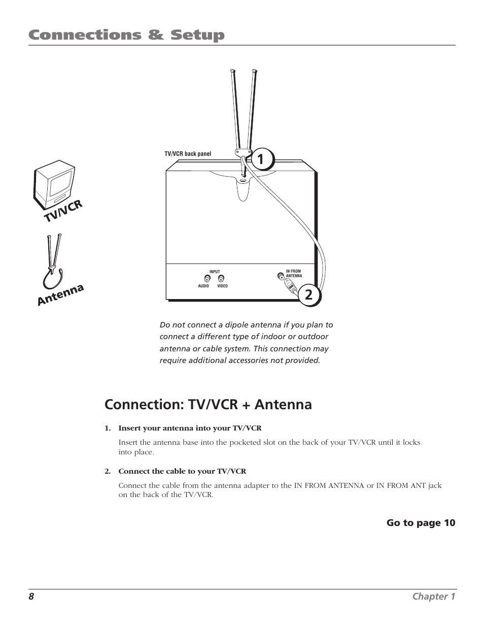 Connections & setup, Connection: tv/vcr + antenna, Tv/vcr antenna | RCA T13208 User Manual | Page 10 / 48