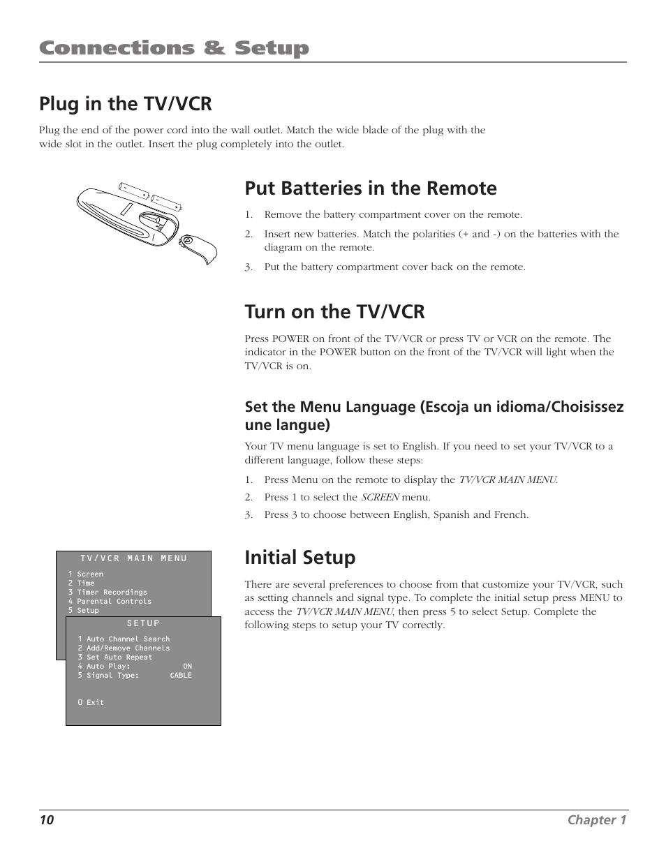 Connections & setup, Plug in the tv/vcr, Put batteries in the remote | Turn on the tv/vcr, Initial setup | RCA T13208 User Manual | Page 12 / 48