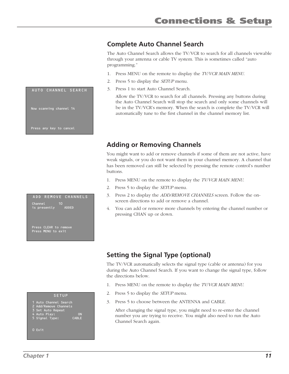 Connections & setup, Complete auto channel search, Adding or removing channels | Setting the signal type (optional) | RCA T13208 User Manual | Page 13 / 48