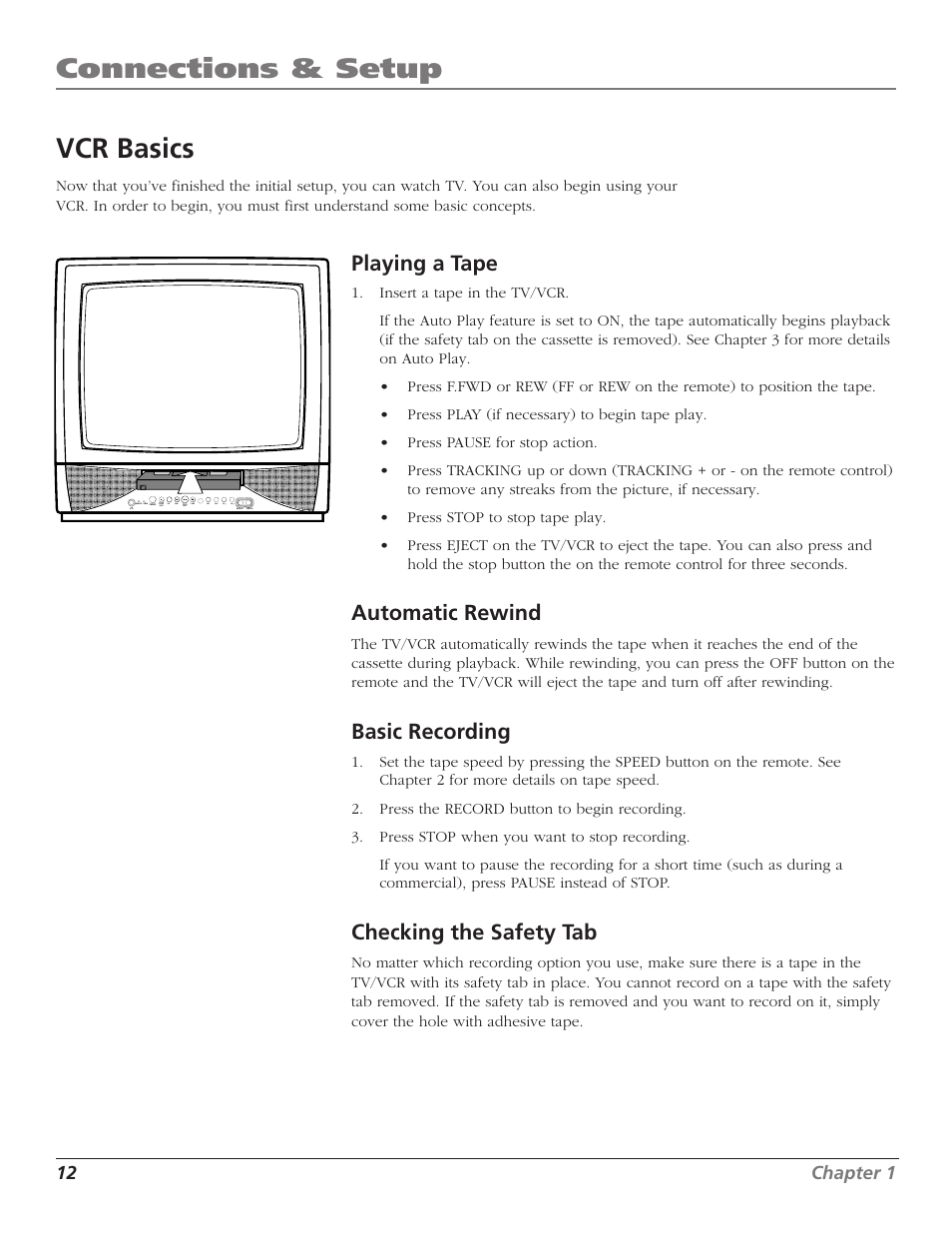 Connections & setup, Vcr basics, Playing a tape | Automatic rewind, Basic recording, Checking the safety tab | RCA T13208 User Manual | Page 14 / 48