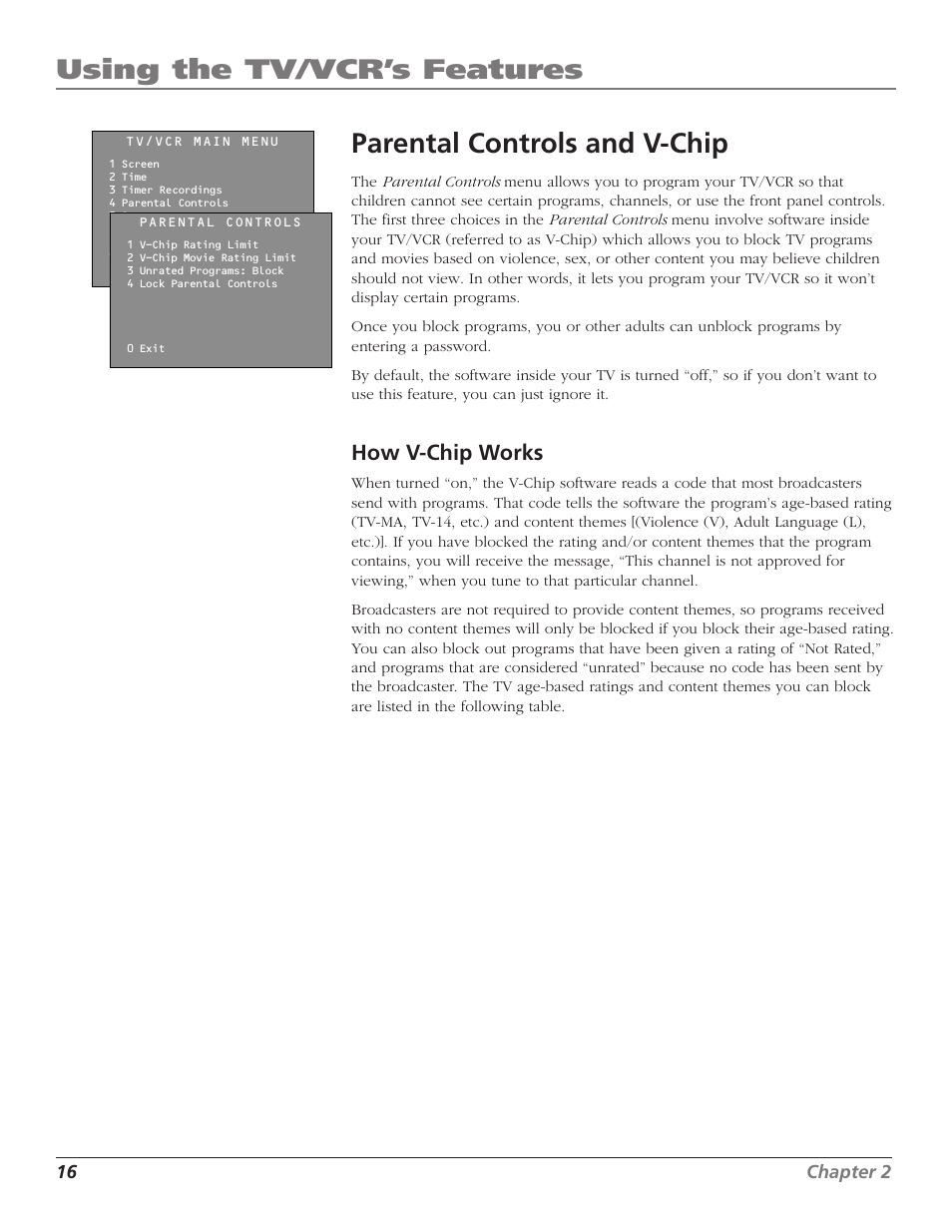 Using the tv/vcr’s features, Parental controls and v-chip, How v-chip works | RCA T13208 User Manual | Page 18 / 48