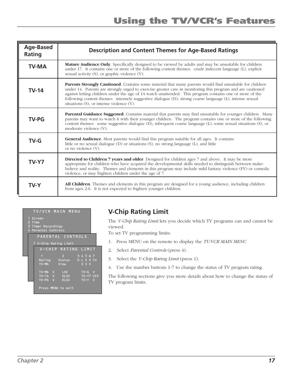 Using the tv/vcr’s features, V-chip rating limit | RCA T13208 User Manual | Page 19 / 48