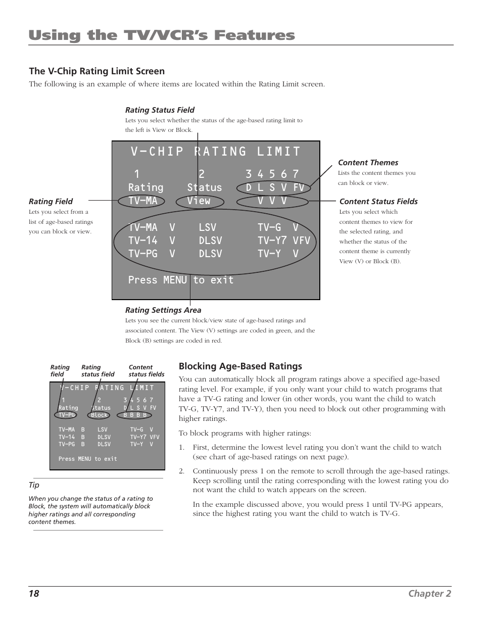 Using the tv/vcr’s features, V-chip rating limit | RCA T13208 User Manual | Page 20 / 48