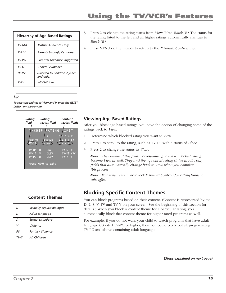 Using the tv/vcr’s features, Blocking specific content themes, Chapter 2 19 | Content themes, Viewing age-based ratings | RCA T13208 User Manual | Page 21 / 48