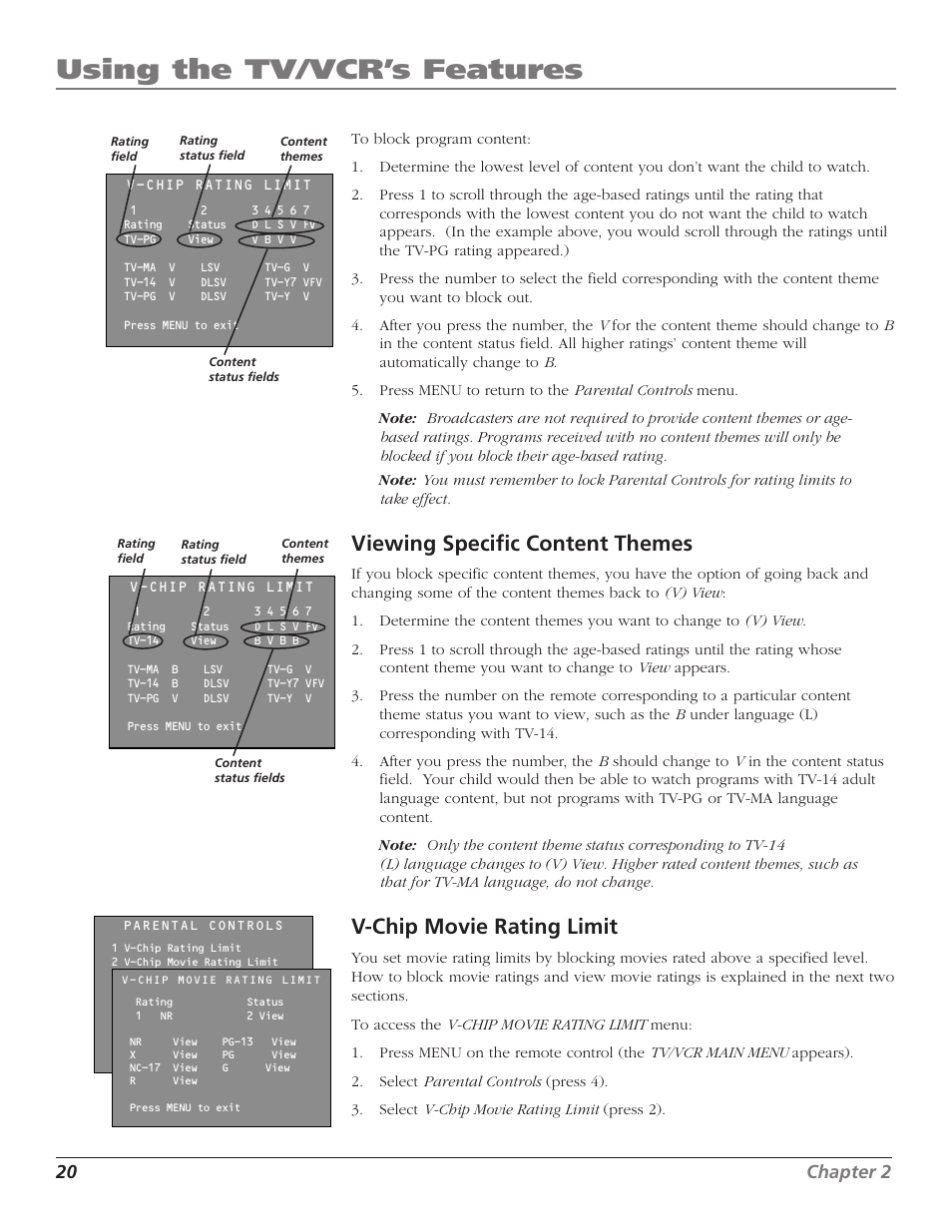 Using the tv/vcr’s features, Viewing specific content themes, V-chip movie rating limit | 20 chapter 2 | RCA T13208 User Manual | Page 22 / 48