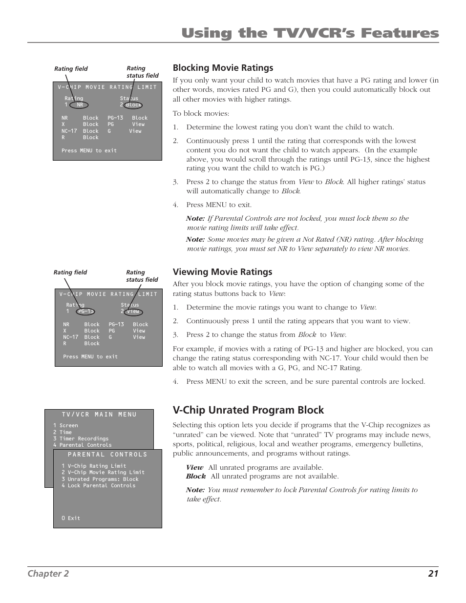 Using the tv/vcr’s features, V-chip unrated program block, Chapter 2 21 | Blocking movie ratings, Viewing movie ratings | RCA T13208 User Manual | Page 23 / 48