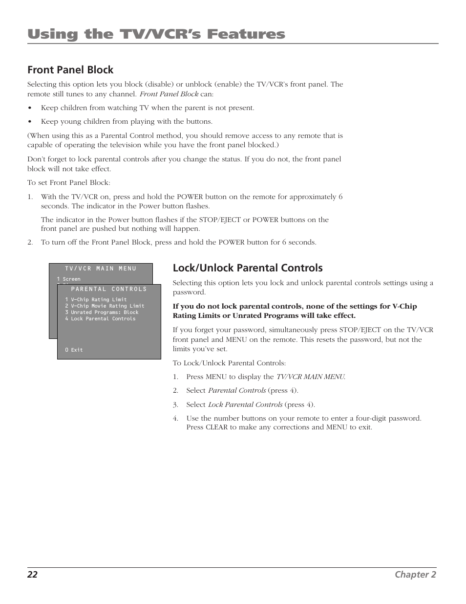 Using the tv/vcr’s features, Front panel block, Lock/unlock parental controls | RCA T13208 User Manual | Page 24 / 48