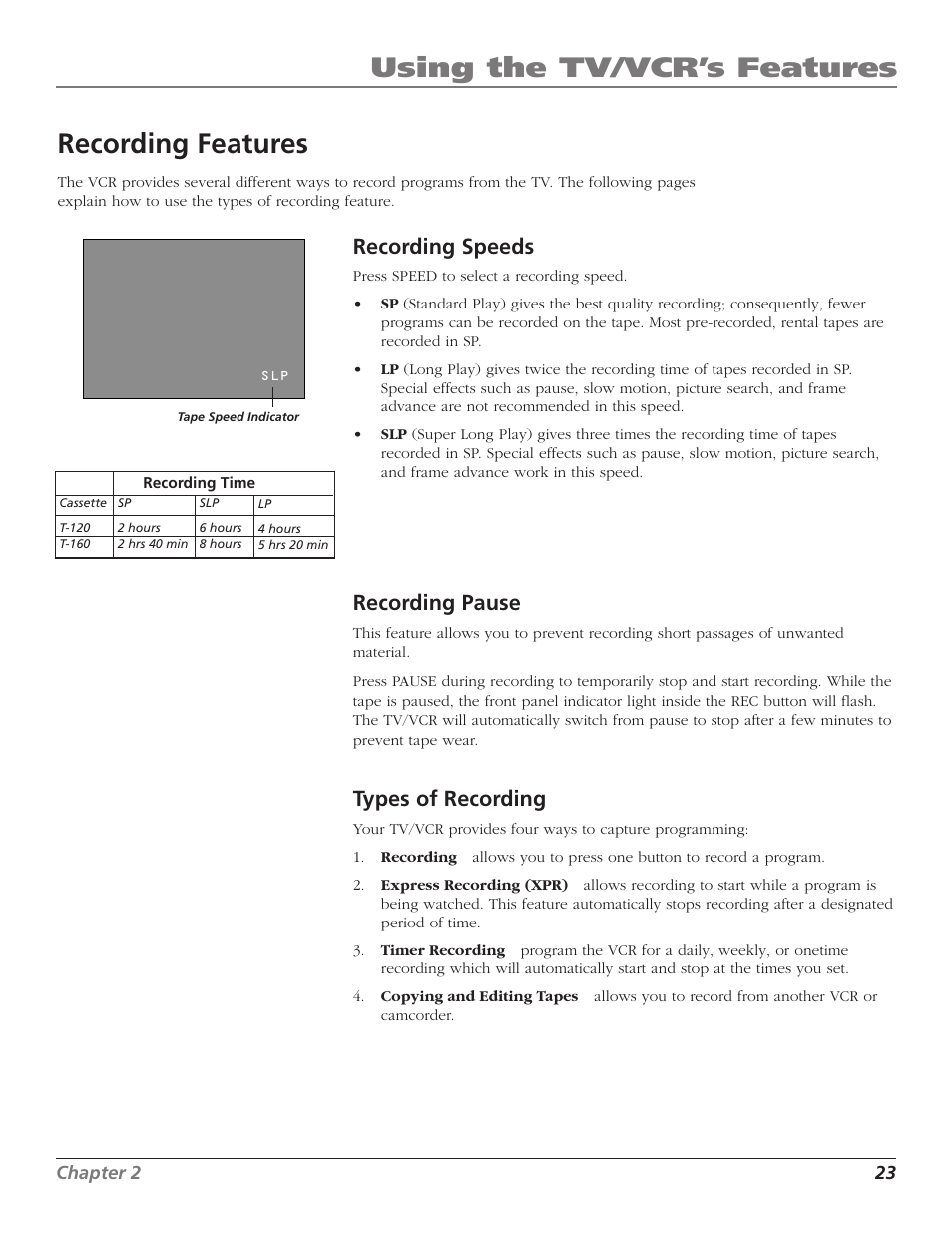 Using the tv/vcr’s features, Recording features, Recording speeds | Recording pause, Types of recording | RCA T13208 User Manual | Page 25 / 48