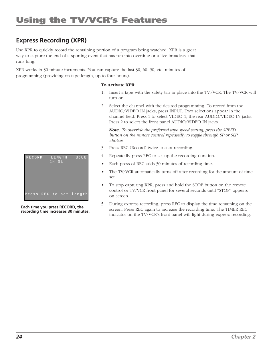 Using the tv/vcr’s features, Express recording (xpr) | RCA T13208 User Manual | Page 26 / 48