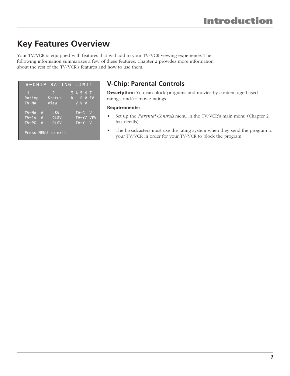 Introduction, Key features overview, V-chip: parental controls | RCA T13208 User Manual | Page 3 / 48