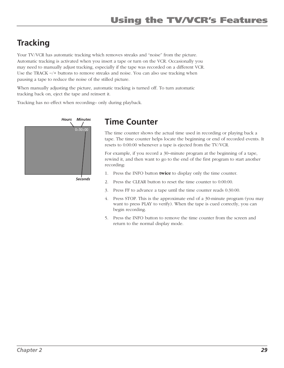 Using the tv/vcr’s features, Tracking, Time counter | RCA T13208 User Manual | Page 31 / 48