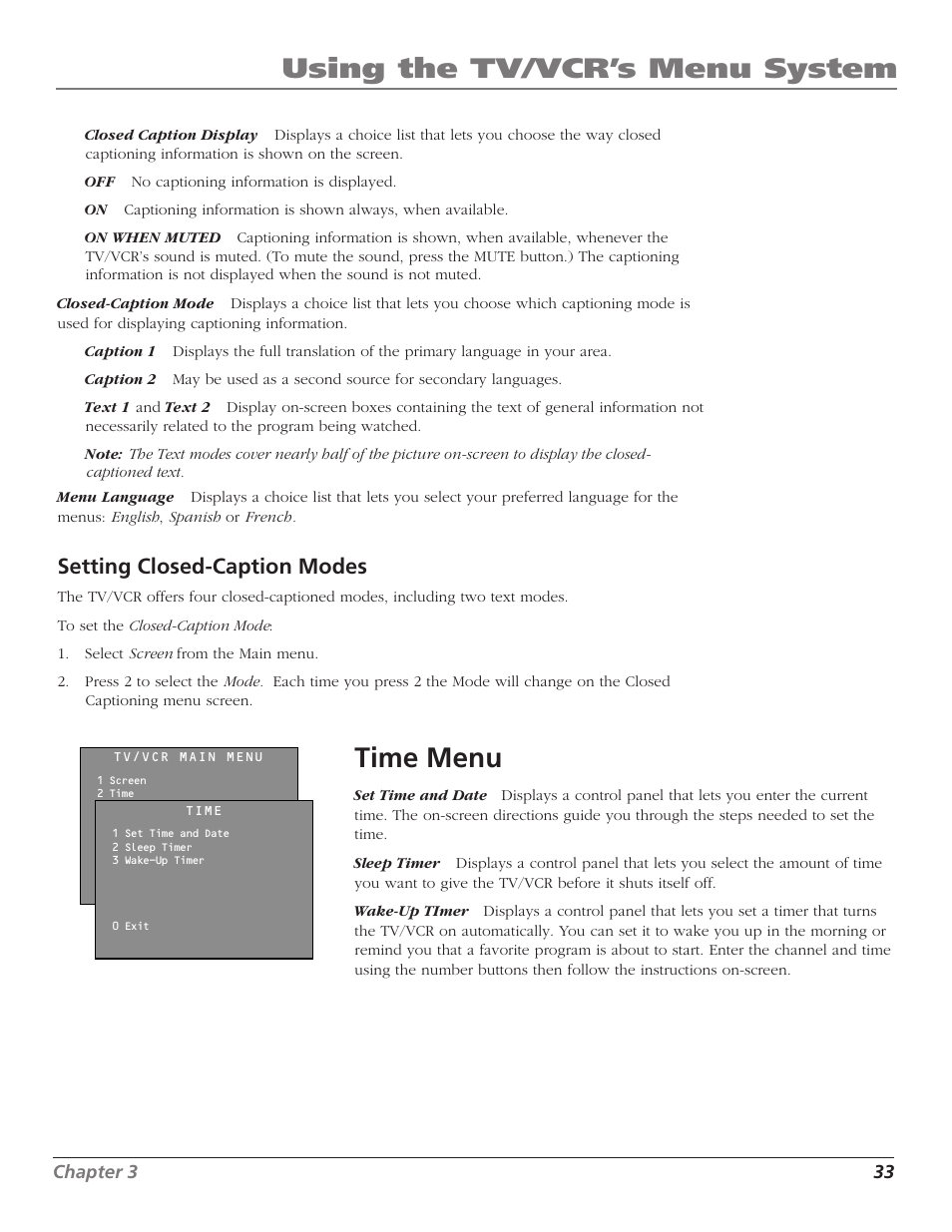 Using the tv/vcr’s menu system, Time menu, Setting closed-caption modes | RCA T13208 User Manual | Page 35 / 48
