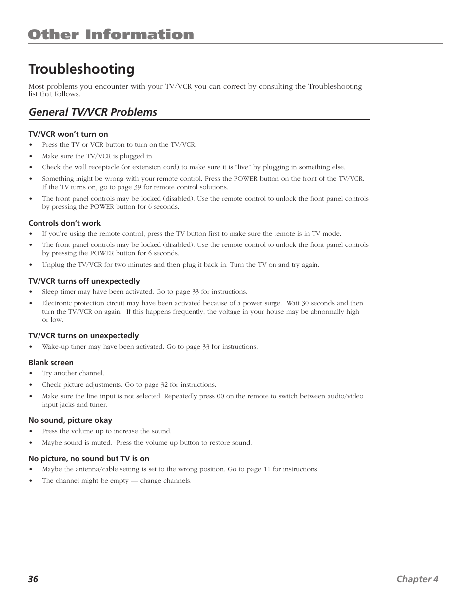 Other information, Troubleshooting, General tv/vcr problems | RCA T13208 User Manual | Page 38 / 48