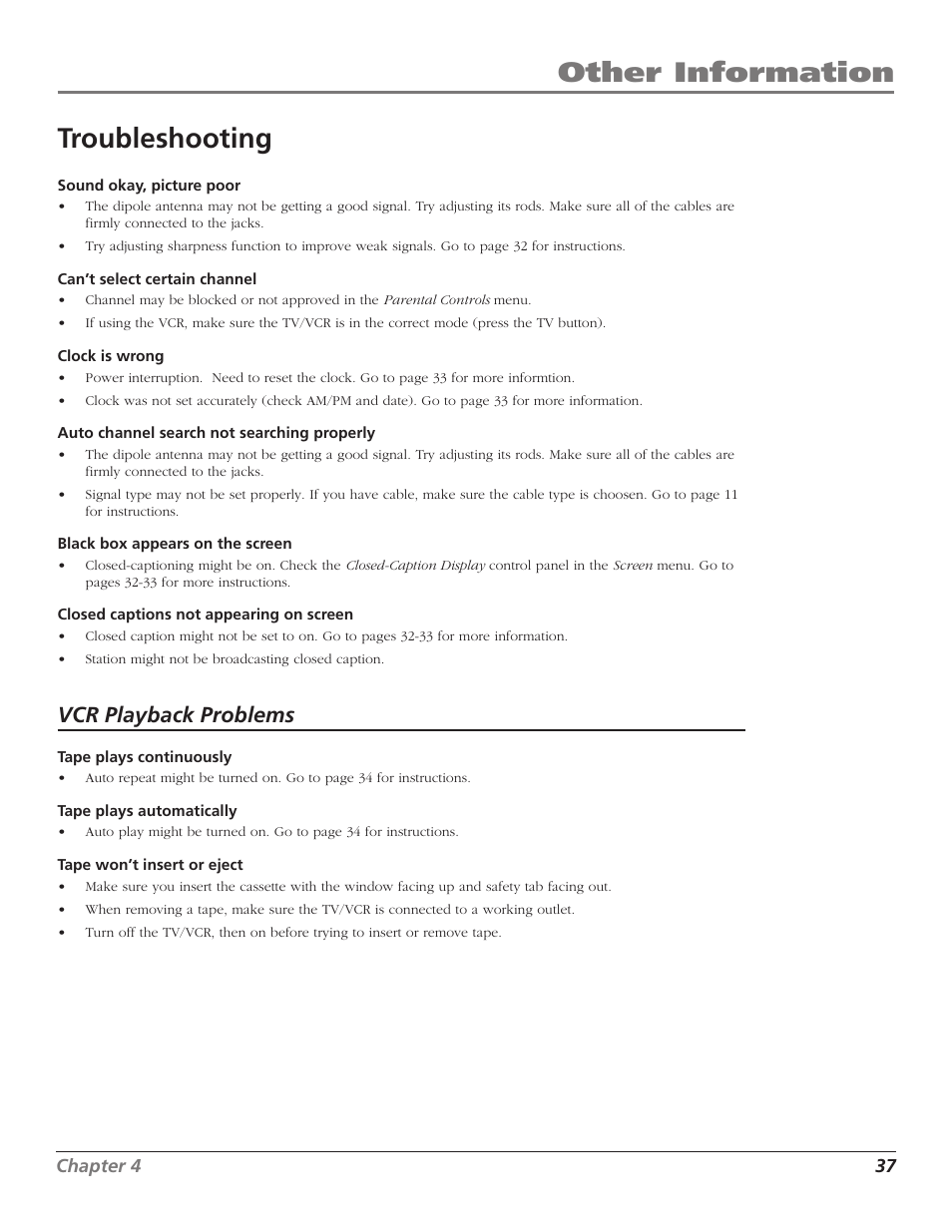 Other information troubleshooting, Vcr playback problems | RCA T13208 User Manual | Page 39 / 48