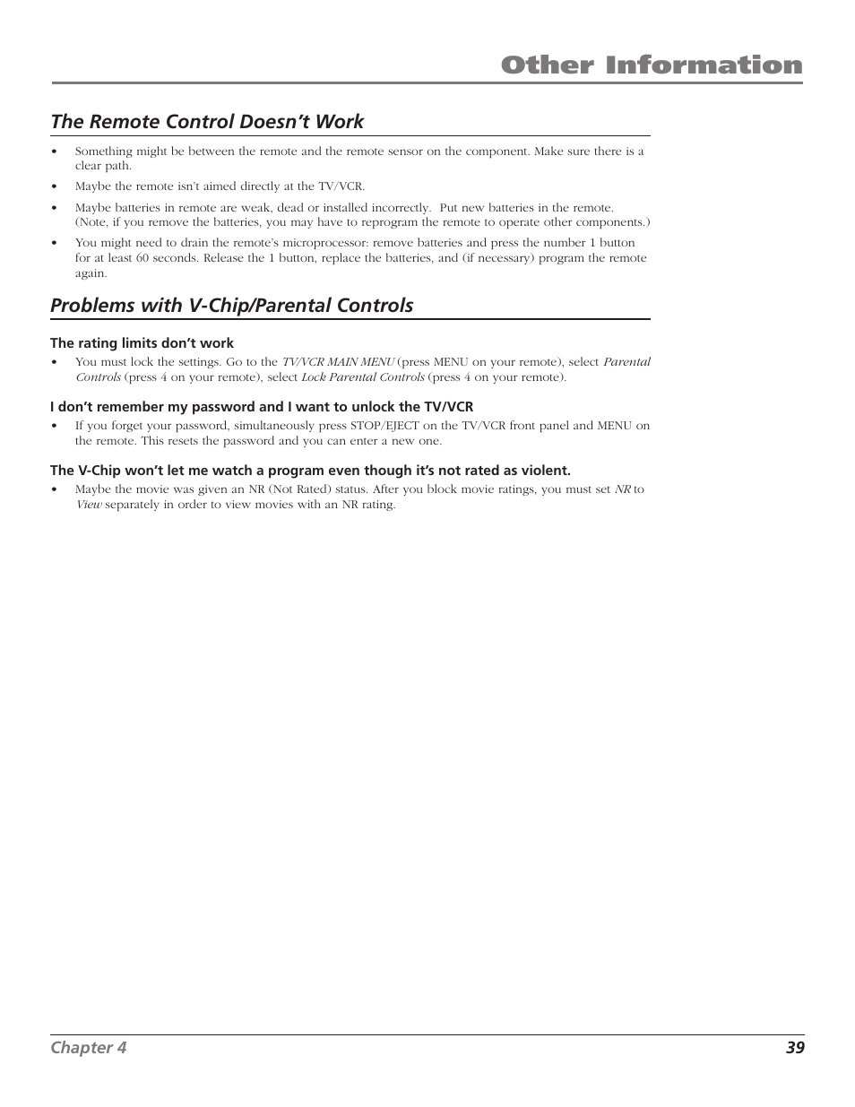 Other information, The remote control doesn’t work, Problems with v-chip/parental controls | RCA T13208 User Manual | Page 41 / 48