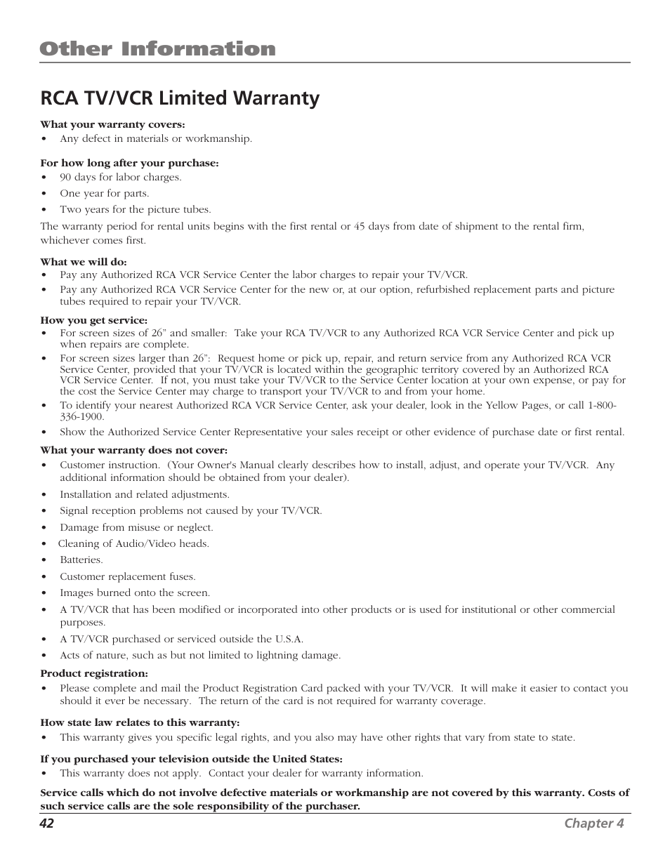 Other information, Rca tv/vcr limited warranty | RCA T13208 User Manual | Page 44 / 48